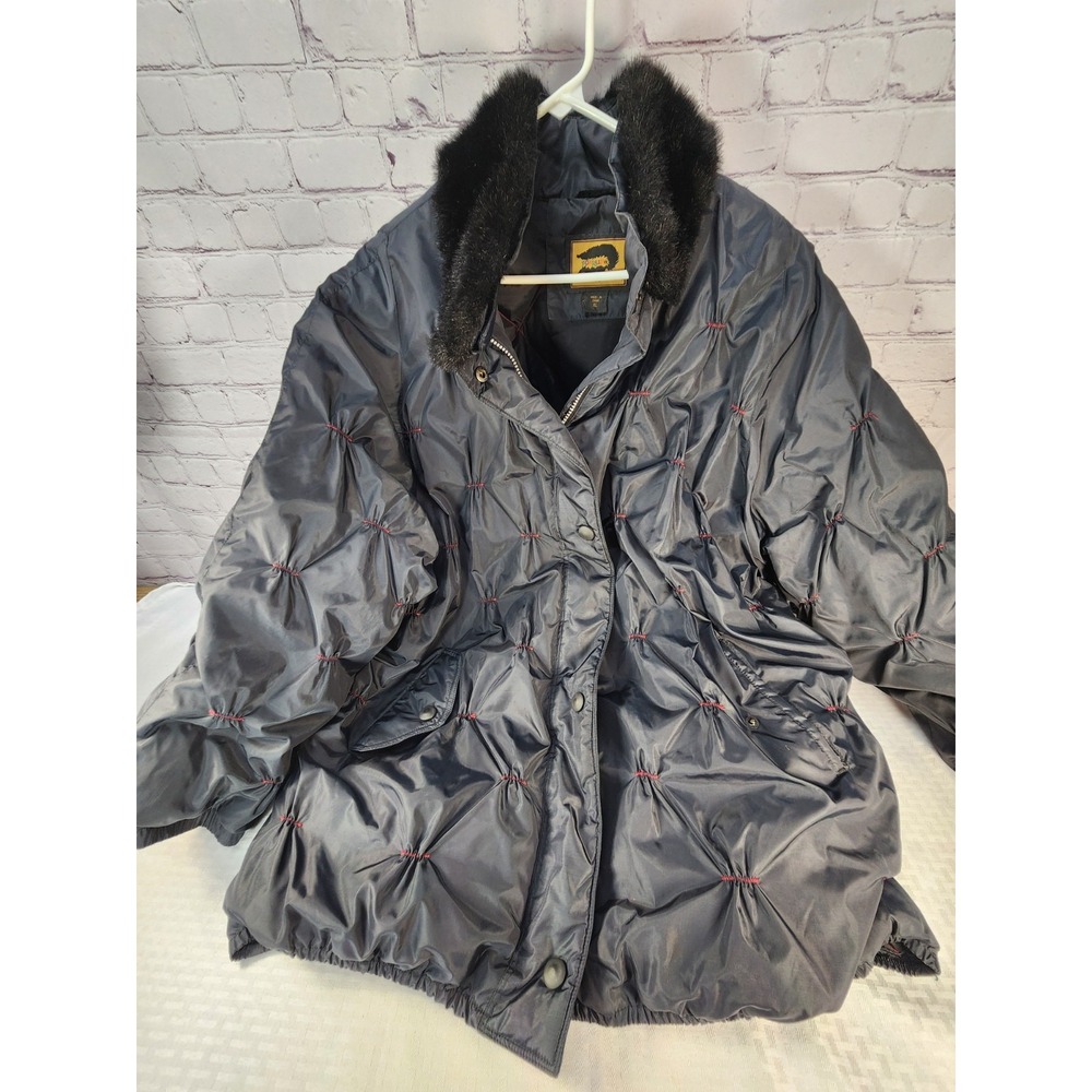 Vintage FoxRun Jacket Black Red Down Feather Quilted Fur Collar Waterproof Sz XL